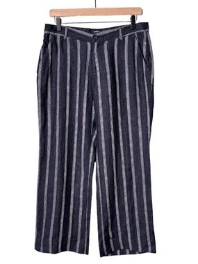 Garnet Hill Linen Striped Trousers Pants Navy Blue White Cropped Women’s Size 10